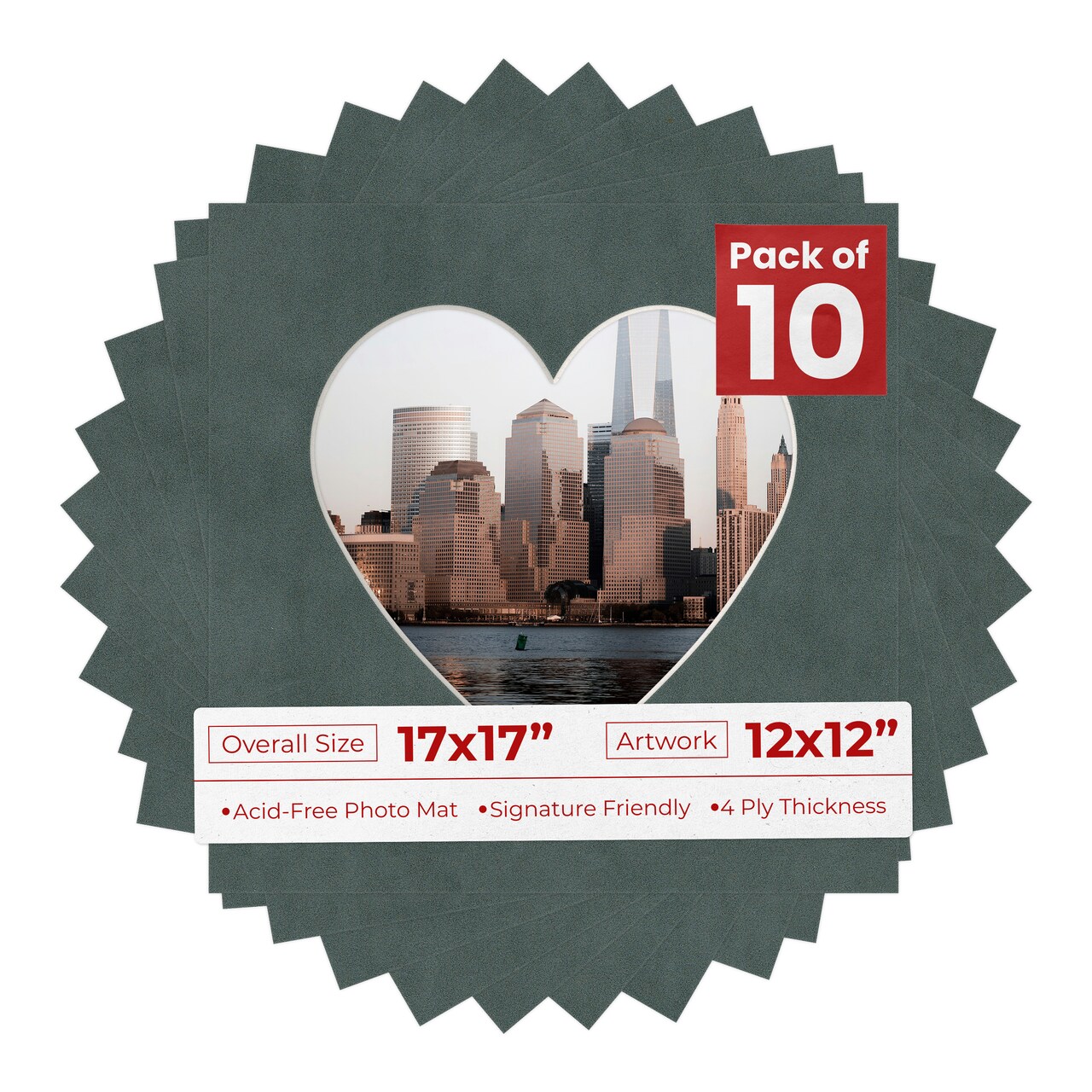 Dark Grey Suede Mat Board for 17x17 Frames - Heart Opening for 12x12 Photos